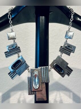 Vintage Silver Tone Geometric Statement Necklace with Black and Clear Accents